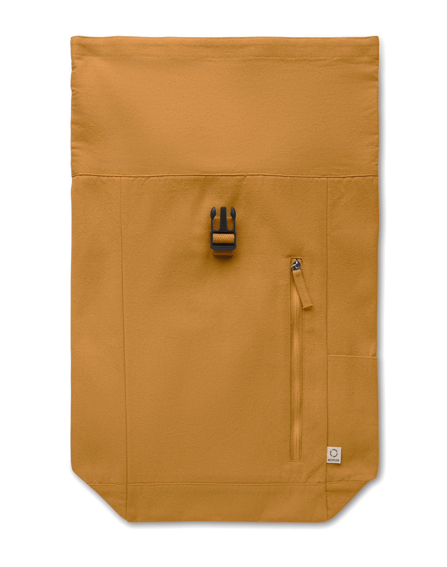 Rolltop-Rucksack mit Klettverschluss aus 390 g/m² (recycelte Baumwolle 80% und recycelter Polyester