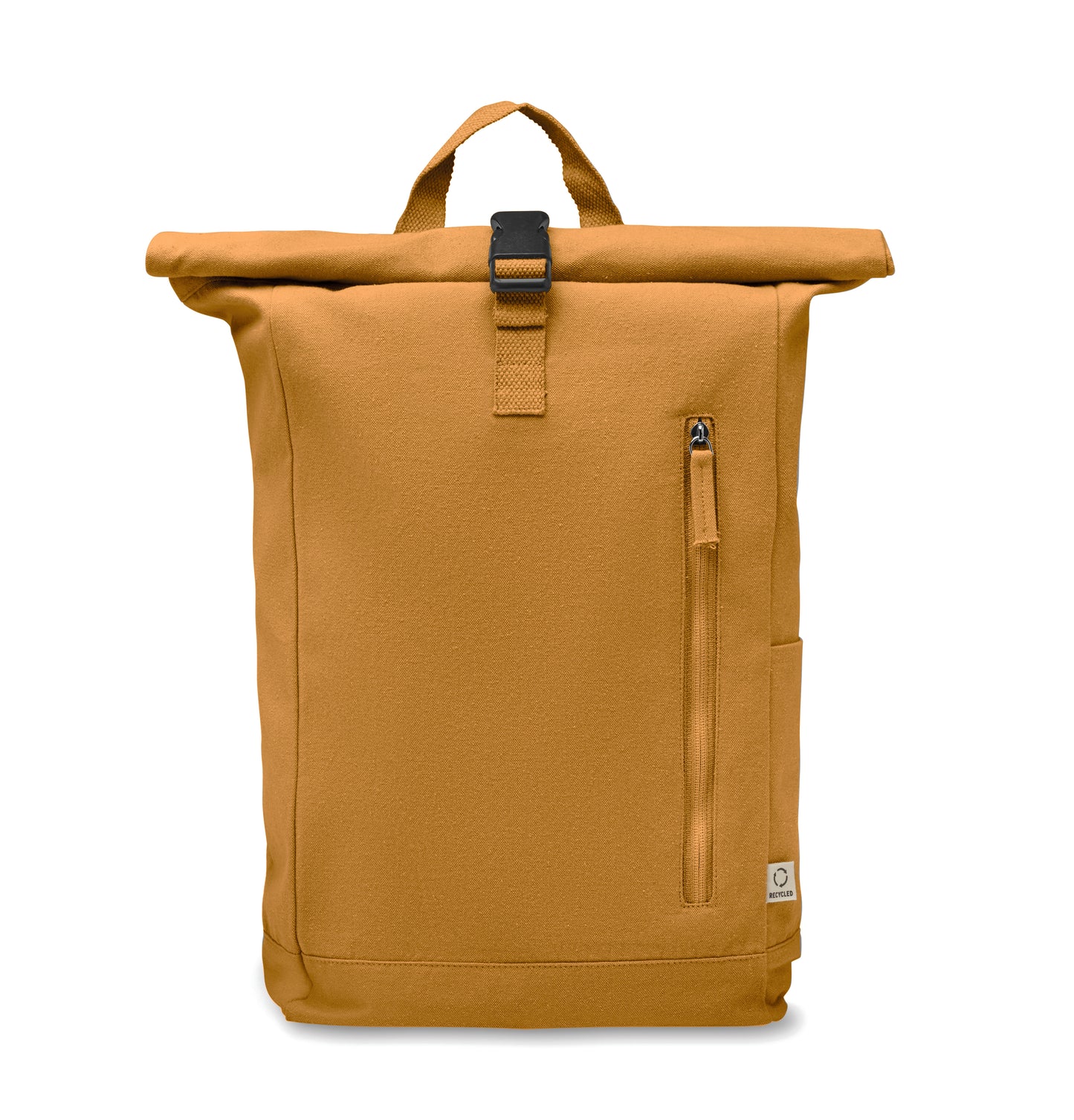 Rolltop-Rucksack mit Klettverschluss aus 390 g/m² (recycelte Baumwolle 80% und recycelter Polyester