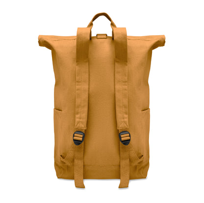 Rolltop-Rucksack mit Klettverschluss aus 390 g/m² (recycelte Baumwolle 80% und recycelter Polyester