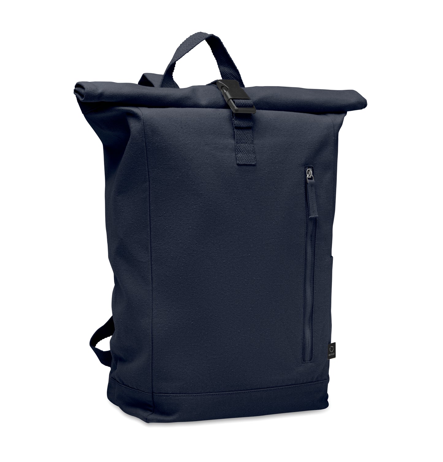 Rolltop-Rucksack mit Klettverschluss aus 390 g/m² (recycelte Baumwolle 80% und recycelter Polyester