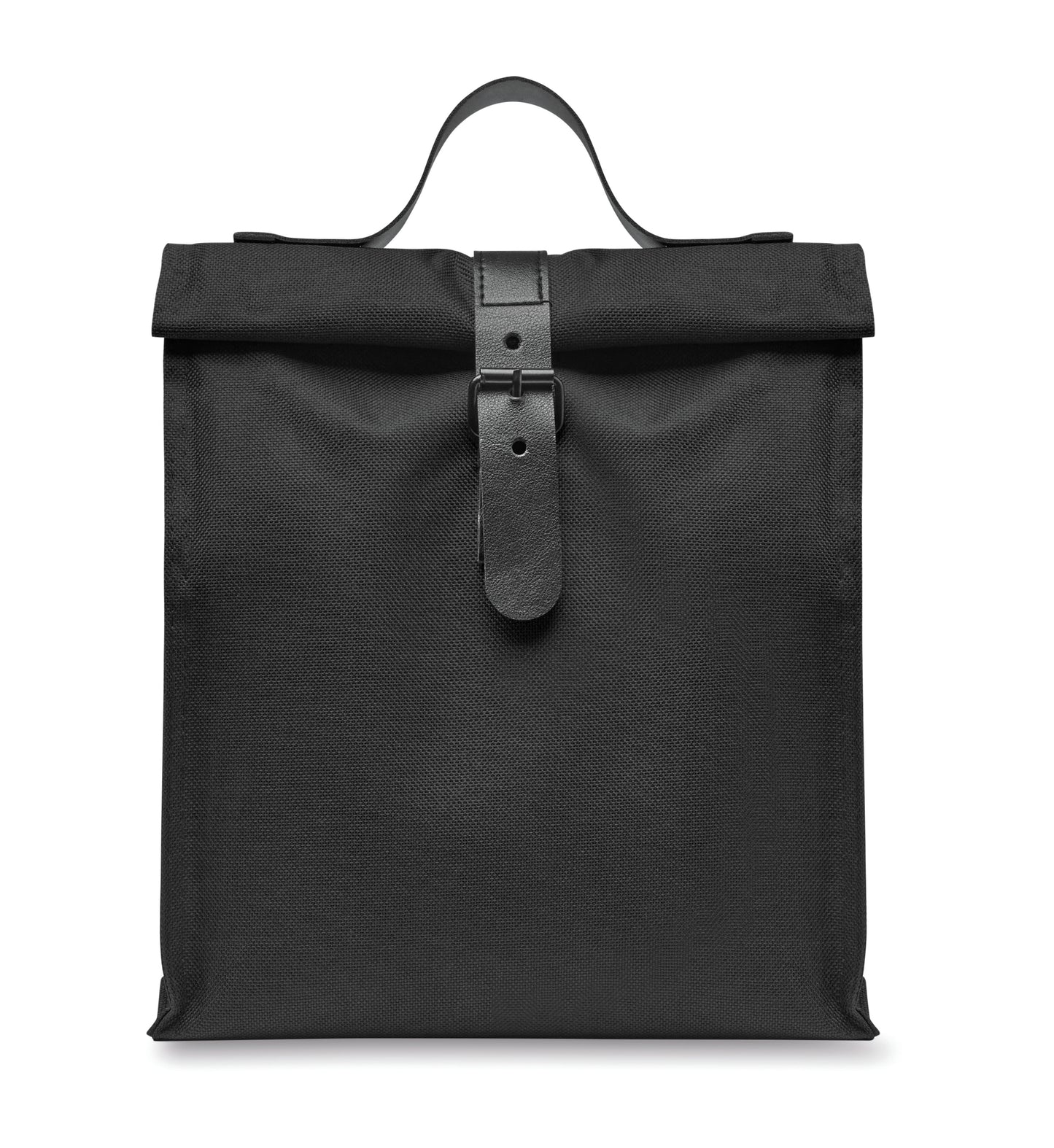 Lunch-Kühltasche aus 600D RPET-Polyester mit Rolltop. Tragegriff und Verschluss aus PU. Isolierung: