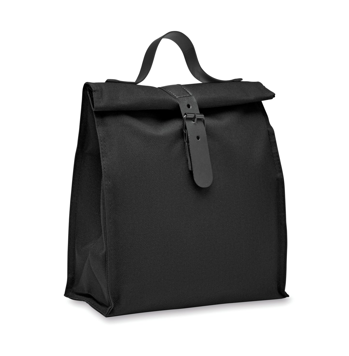 Lunch-Kühltasche aus 600D RPET-Polyester mit Rolltop. Tragegriff und Verschluss aus PU. Isolierung: