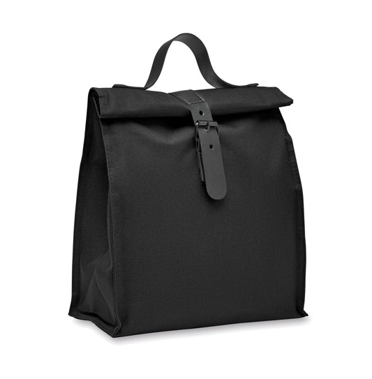 Lunch-Kühltasche aus 600D RPET-Polyester mit Rolltop. Tragegriff und Verschluss aus PU. Isolierung: