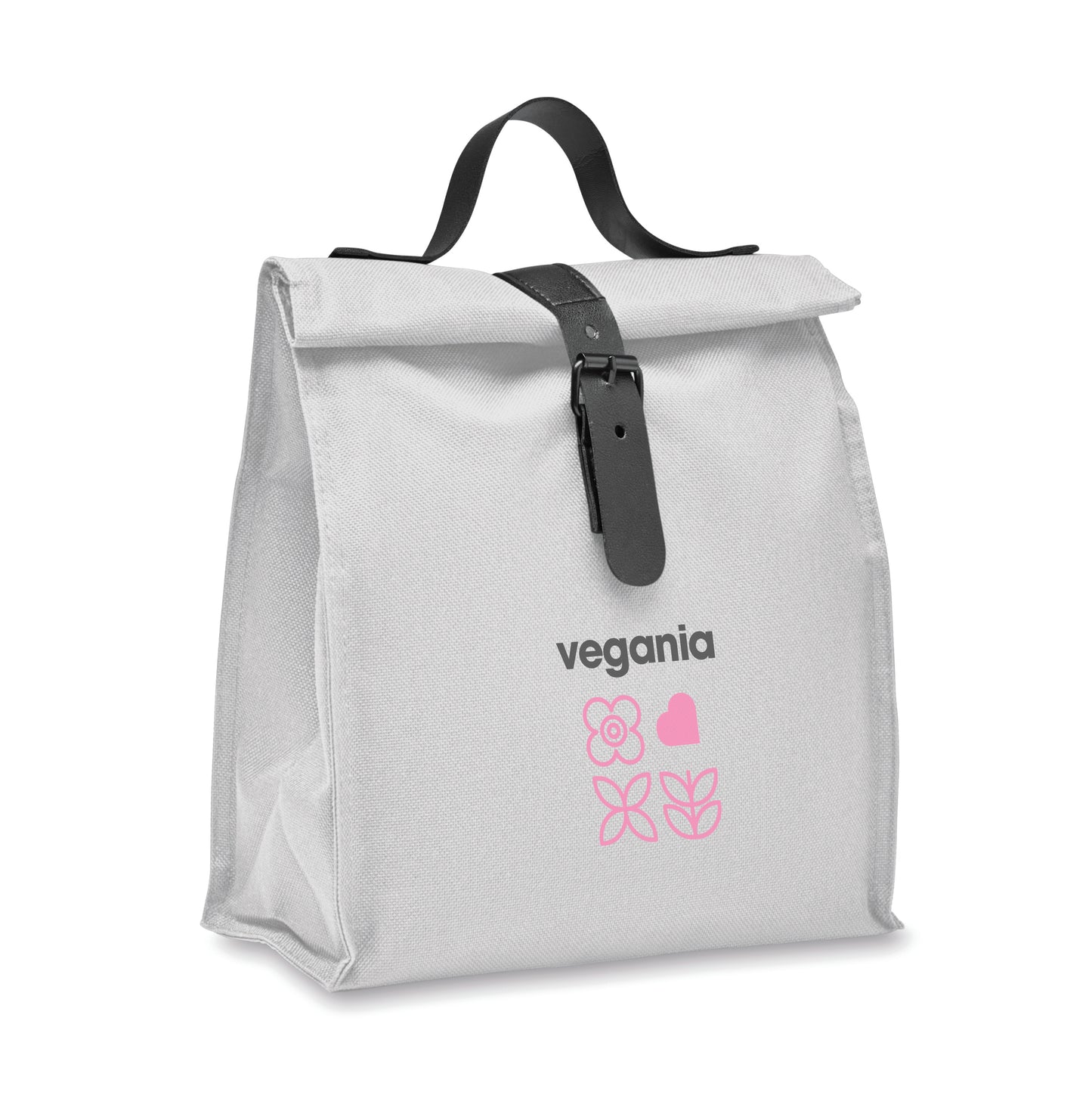 Lunch-Kühltasche aus 600D RPET-Polyester mit Rolltop. Tragegriff und Verschluss aus PU. Isolierung: