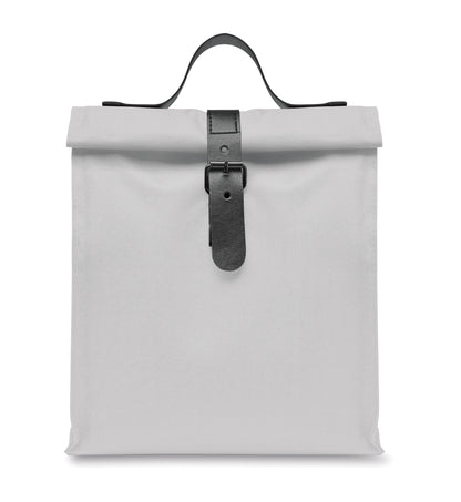 Lunch-Kühltasche aus 600D RPET-Polyester mit Rolltop. Tragegriff und Verschluss aus PU. Isolierung: