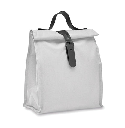 Lunch-Kühltasche aus 600D RPET-Polyester mit Rolltop. Tragegriff und Verschluss aus PU. Isolierung: