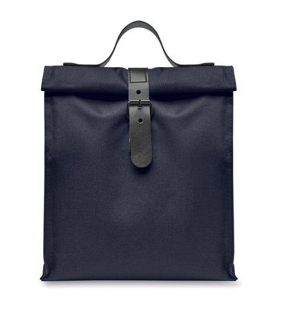 Lunch-Kühltasche aus 600D RPET-Polyester mit Rolltop. Tragegriff und Verschluss aus PU. Isolierung: