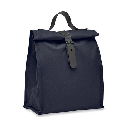 Lunch-Kühltasche aus 600D RPET-Polyester mit Rolltop. Tragegriff und Verschluss aus PU. Isolierung: