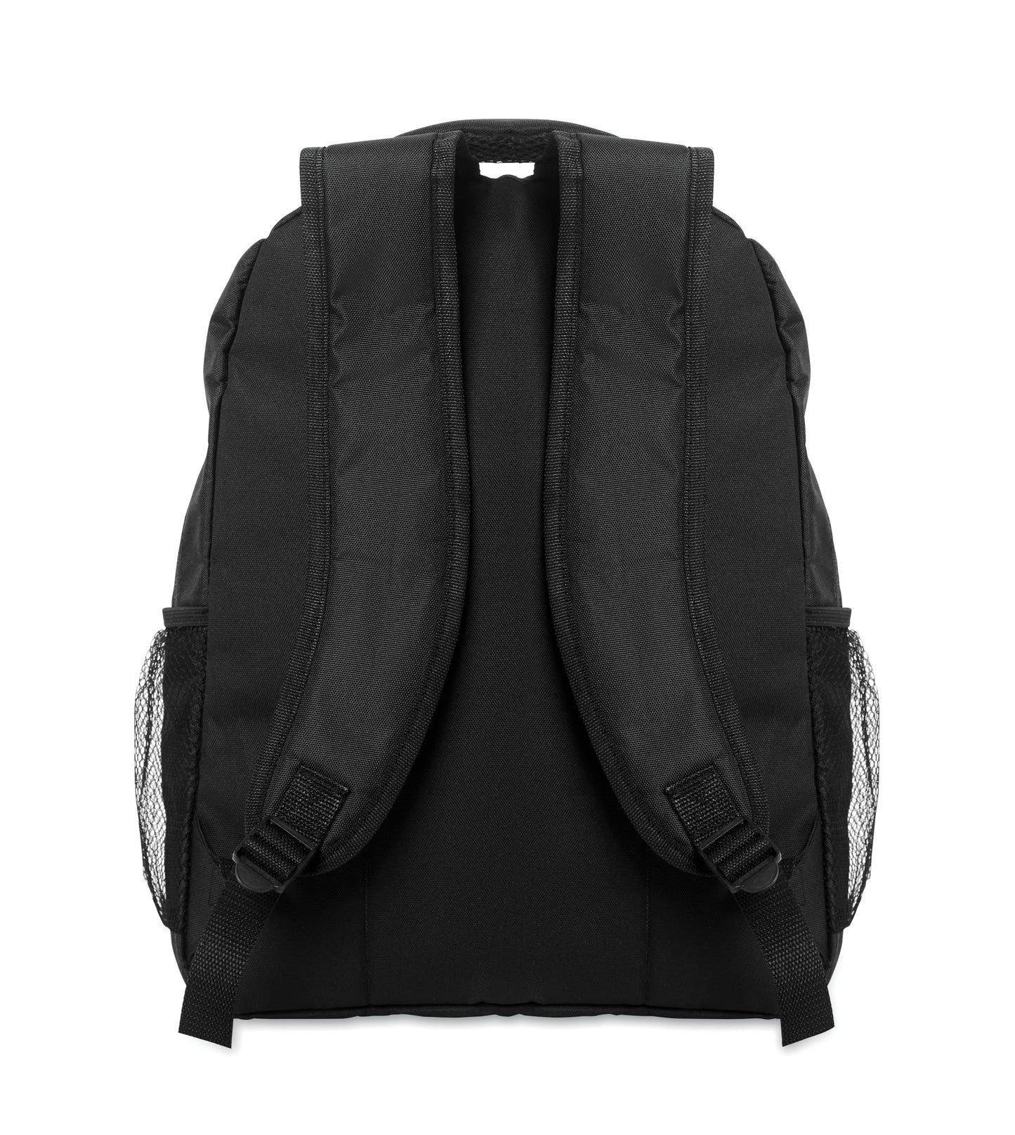 15'' Laptop-Rucksack aus 600D RPET-Polyester mit gepolstertem Laptopfach. Beidseitige Netztaschen und Reißverschlusstasche