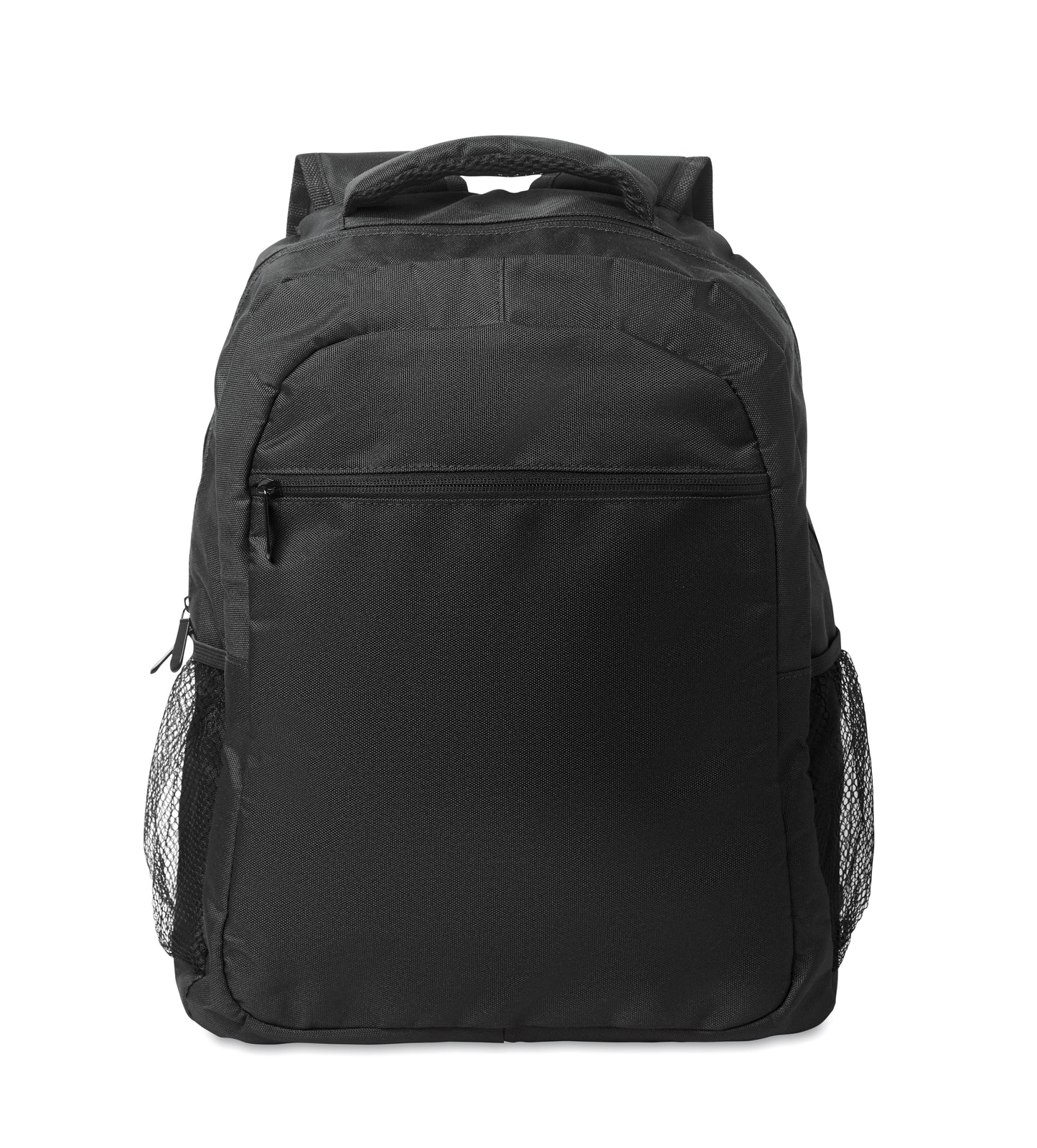 15'' Laptop-Rucksack aus 600D RPET-Polyester mit gepolstertem Laptopfach. Beidseitige Netztaschen und Reißverschlusstasche