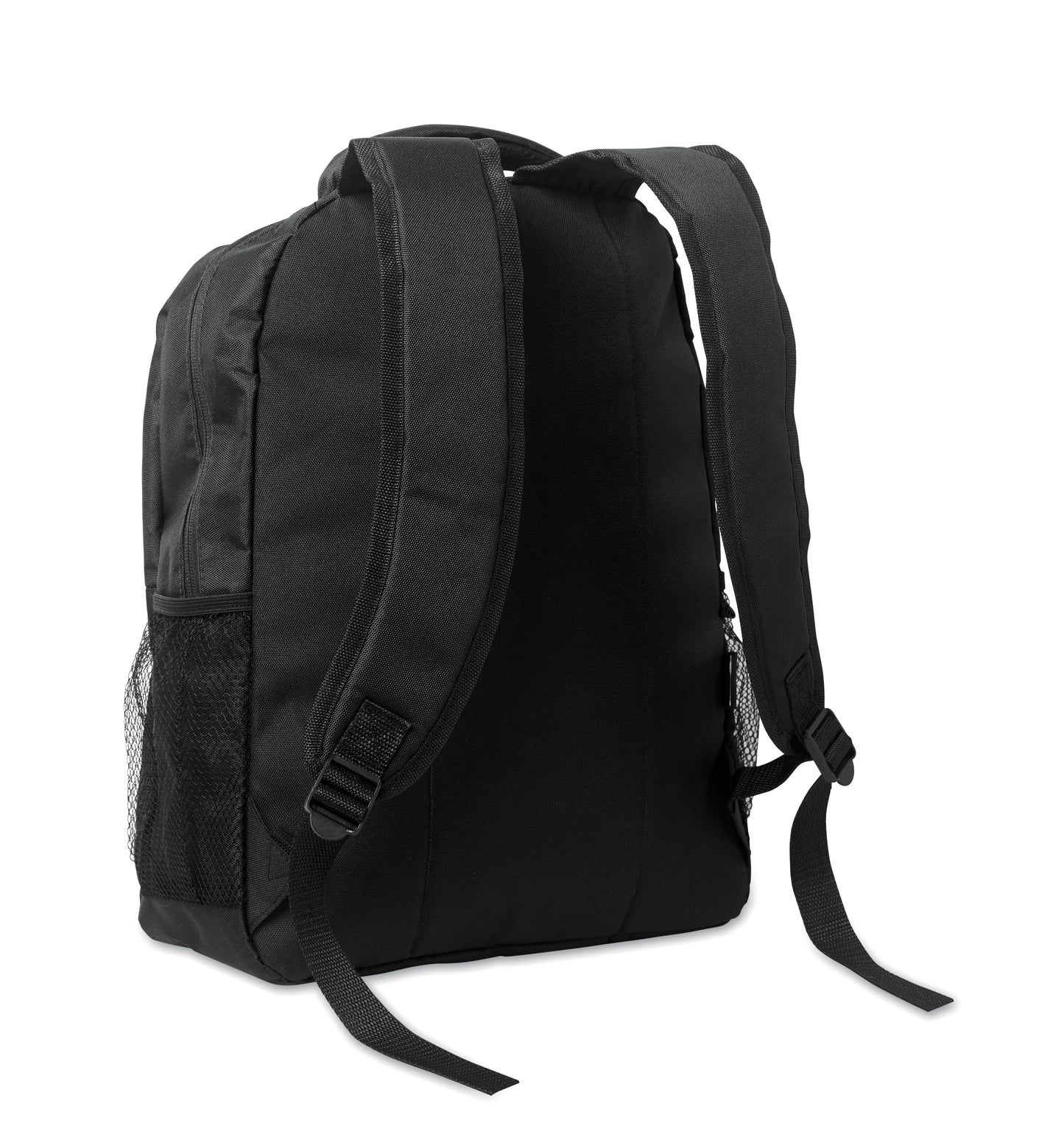 15'' Laptop-Rucksack aus 600D RPET-Polyester mit gepolstertem Laptopfach. Beidseitige Netztaschen und Reißverschlusstasche