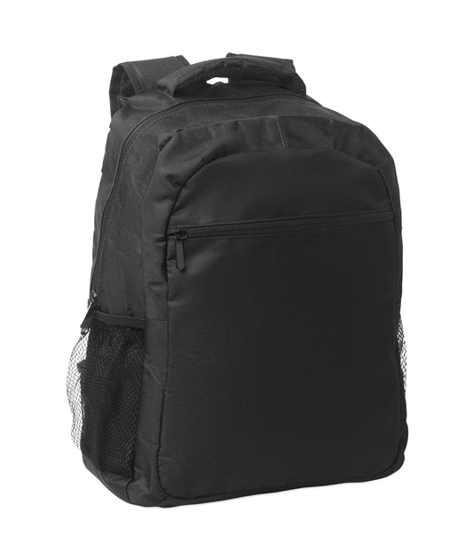 15'' Laptop-Rucksack aus 600D RPET-Polyester mit gepolstertem Laptopfach. Beidseitige Netztaschen und Reißverschlusstasche