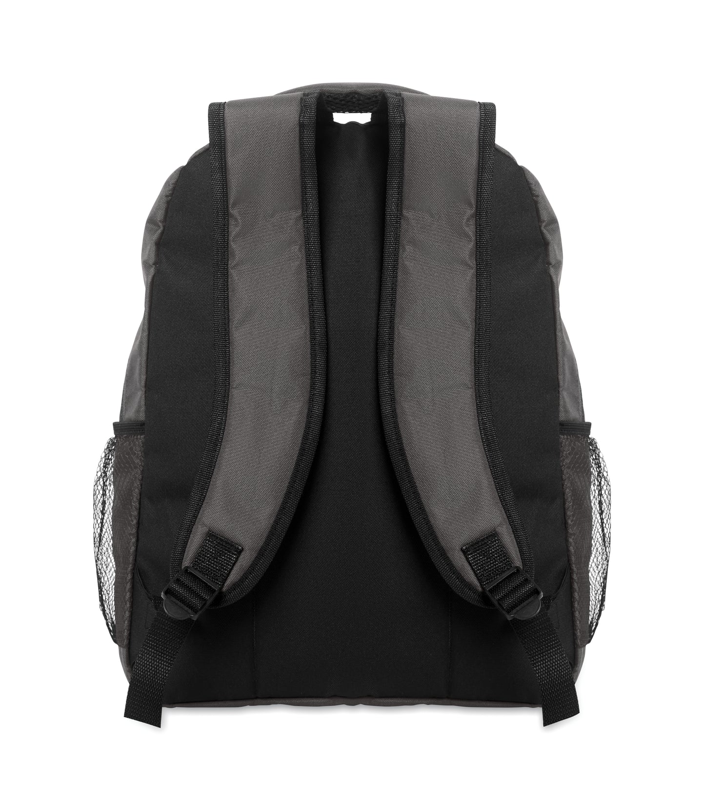 15'' Laptop-Rucksack aus 600D RPET-Polyester mit gepolstertem Laptopfach. Beidseitige Netztaschen und Reißverschlusstasche