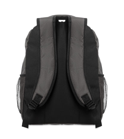 15'' Laptop-Rucksack aus 600D RPET-Polyester mit gepolstertem Laptopfach. Beidseitige Netztaschen und Reißverschlusstasche