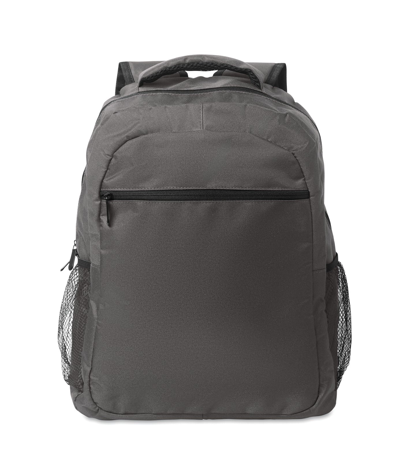 15'' Laptop-Rucksack aus 600D RPET-Polyester mit gepolstertem Laptopfach. Beidseitige Netztaschen und Reißverschlusstasche