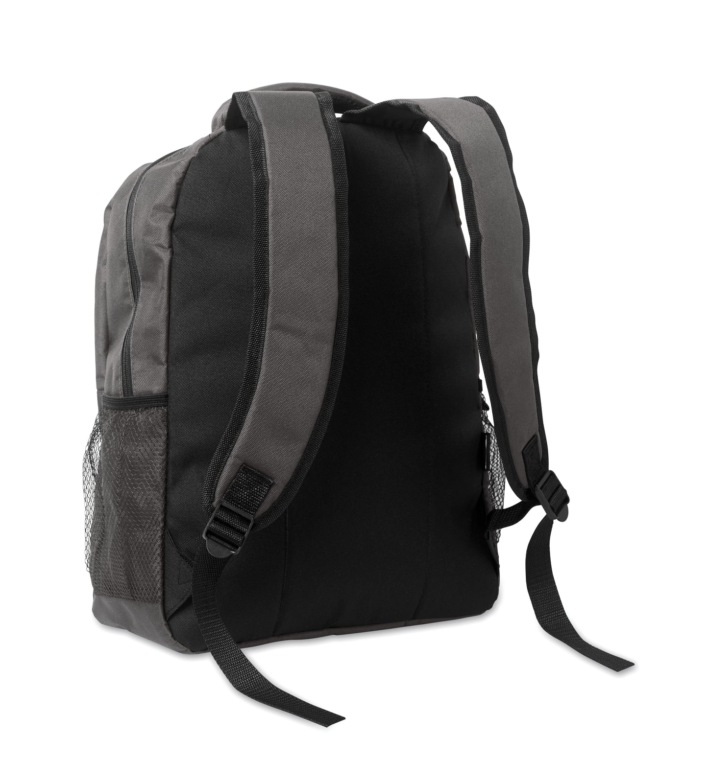 15'' Laptop-Rucksack aus 600D RPET-Polyester mit gepolstertem Laptopfach. Beidseitige Netztaschen und Reißverschlusstasche