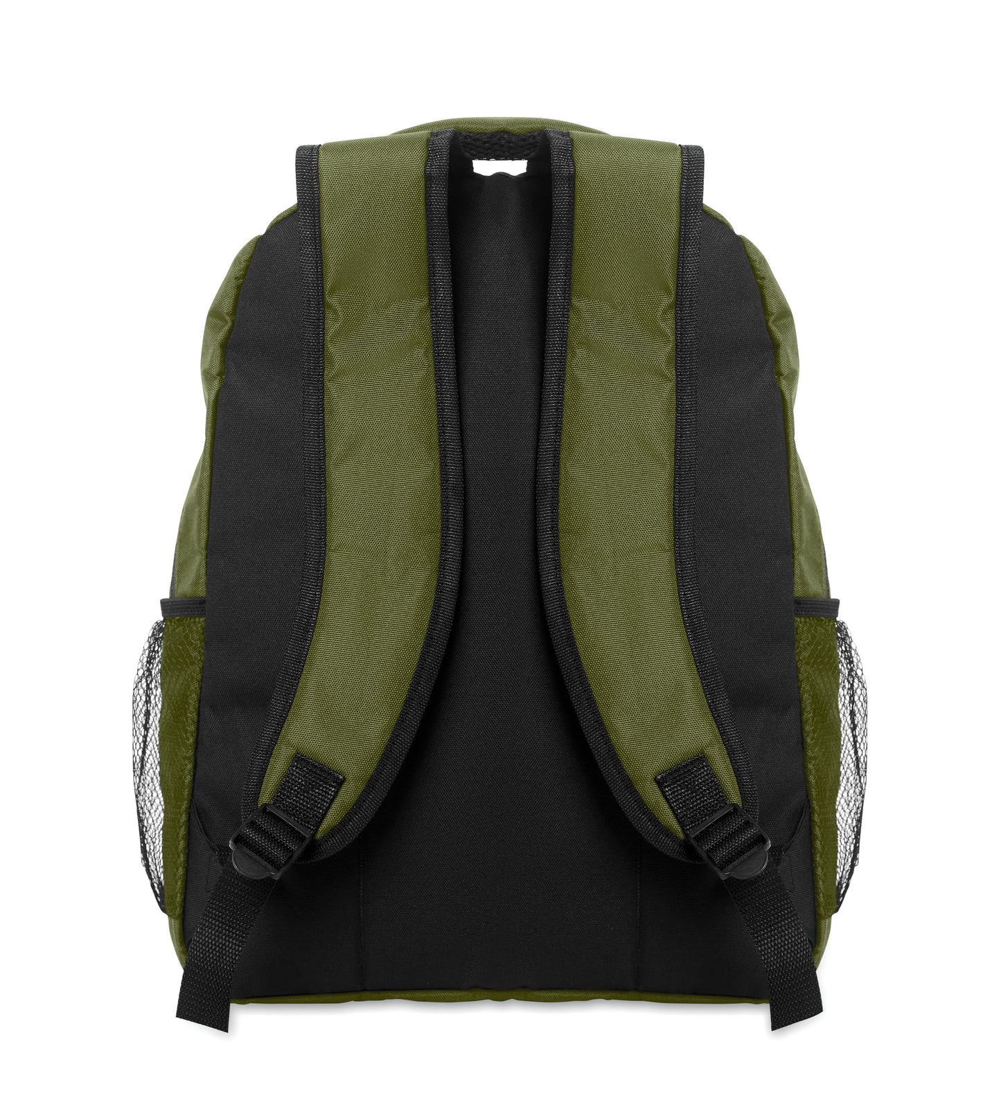 15'' Laptop-Rucksack aus 600D RPET-Polyester mit gepolstertem Laptopfach. Beidseitige Netztaschen und Reißverschlusstasche