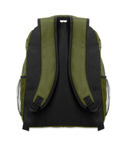 15'' Laptop-Rucksack aus 600D RPET-Polyester mit gepolstertem Laptopfach. Beidseitige Netztaschen und Reißverschlusstasche