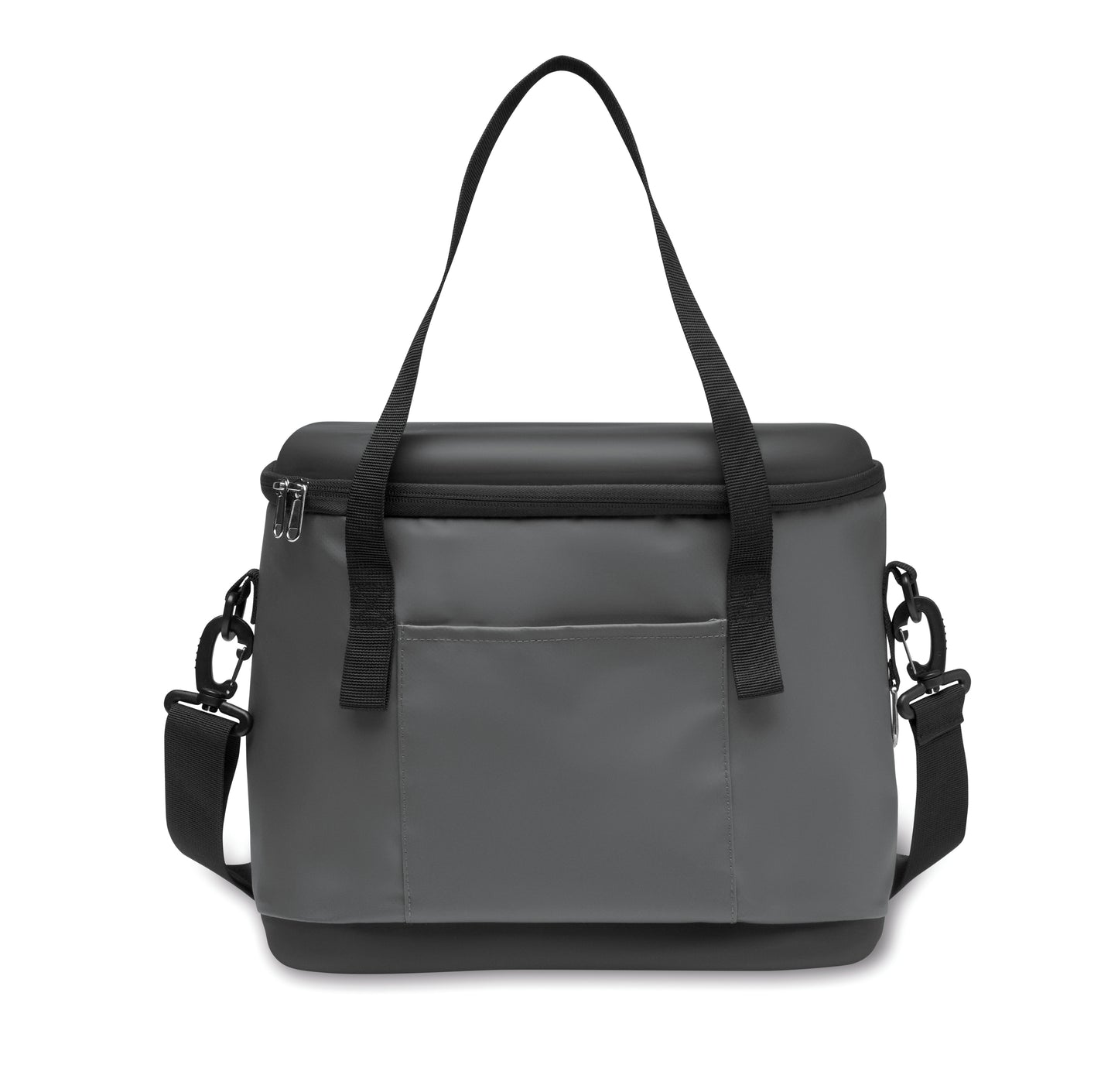 Kühltasche aus 50C-Plane. Ober- und Unterseite aus festem PEVA. Front- und Innentasche