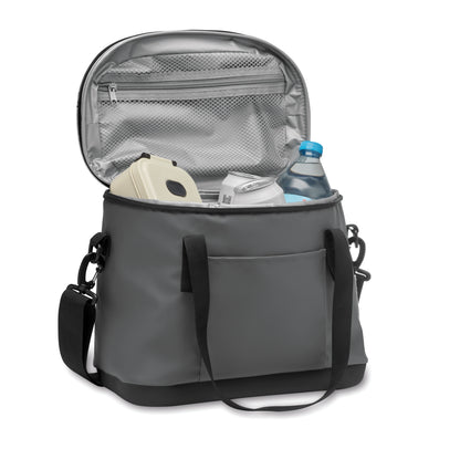 Kühltasche aus 50C-Plane. Ober- und Unterseite aus festem PEVA. Front- und Innentasche