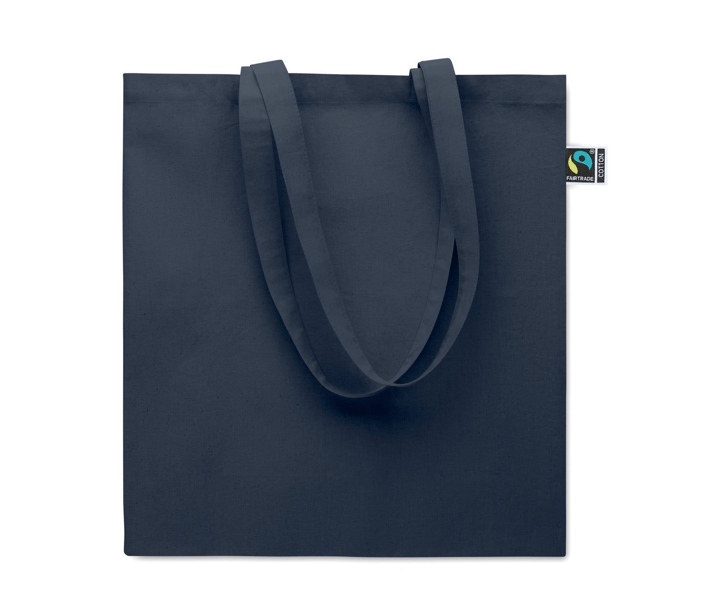Einkaufstasche aus Fairtrade-Baumwolle mit langen Tragegriffen und Bodenfalz. 180 g/m².