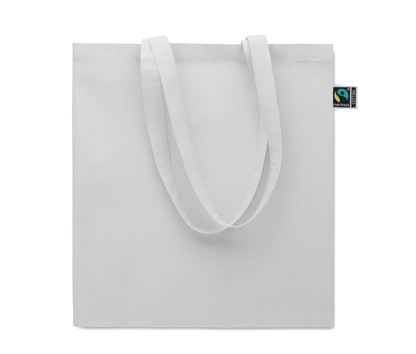 Einkaufstasche aus Fairtrade-Baumwolle mit langen Tragegriffen und Bodenfalz. 180 g/m².