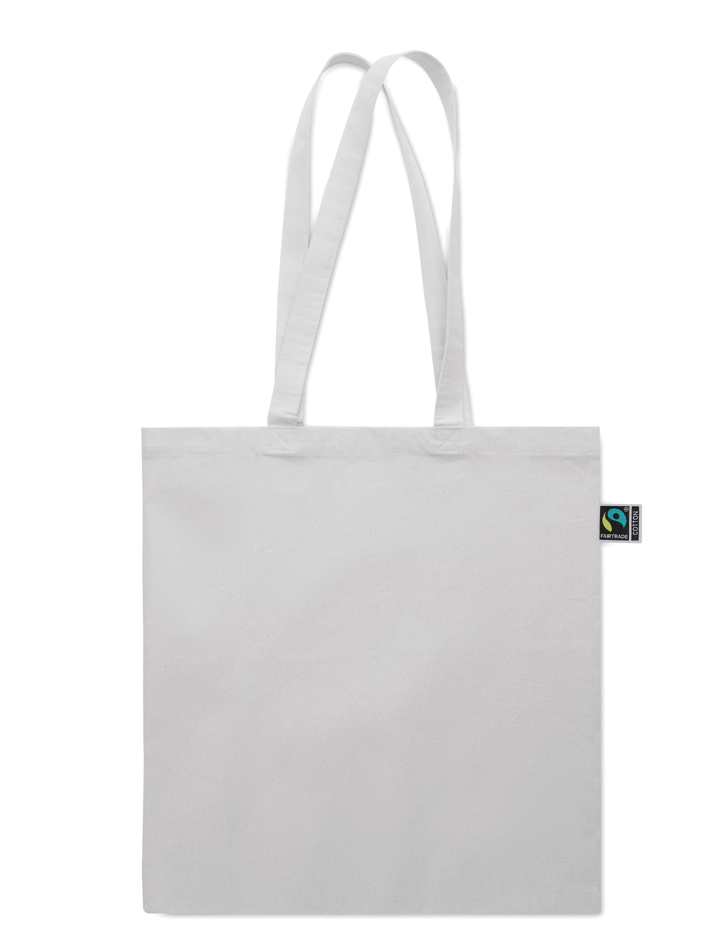 Einkaufstasche aus Fairtrade-Baumwolle mit langen Tragegriffen und Bodenfalz. 180 g/m².