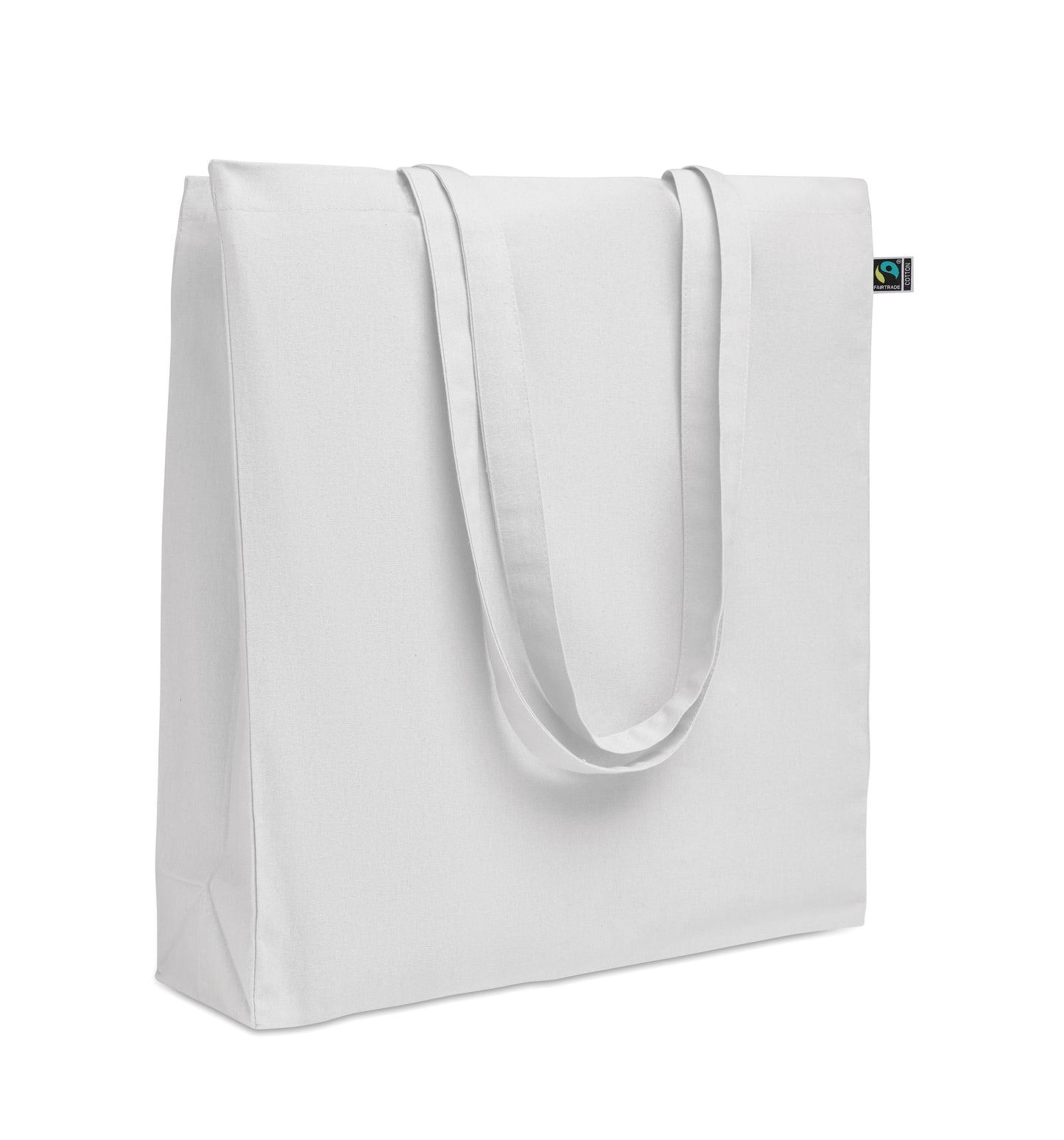 Einkaufstasche aus Fairtrade-Baumwolle mit langen Tragegriffen und Bodenfalz. 180 g/m².