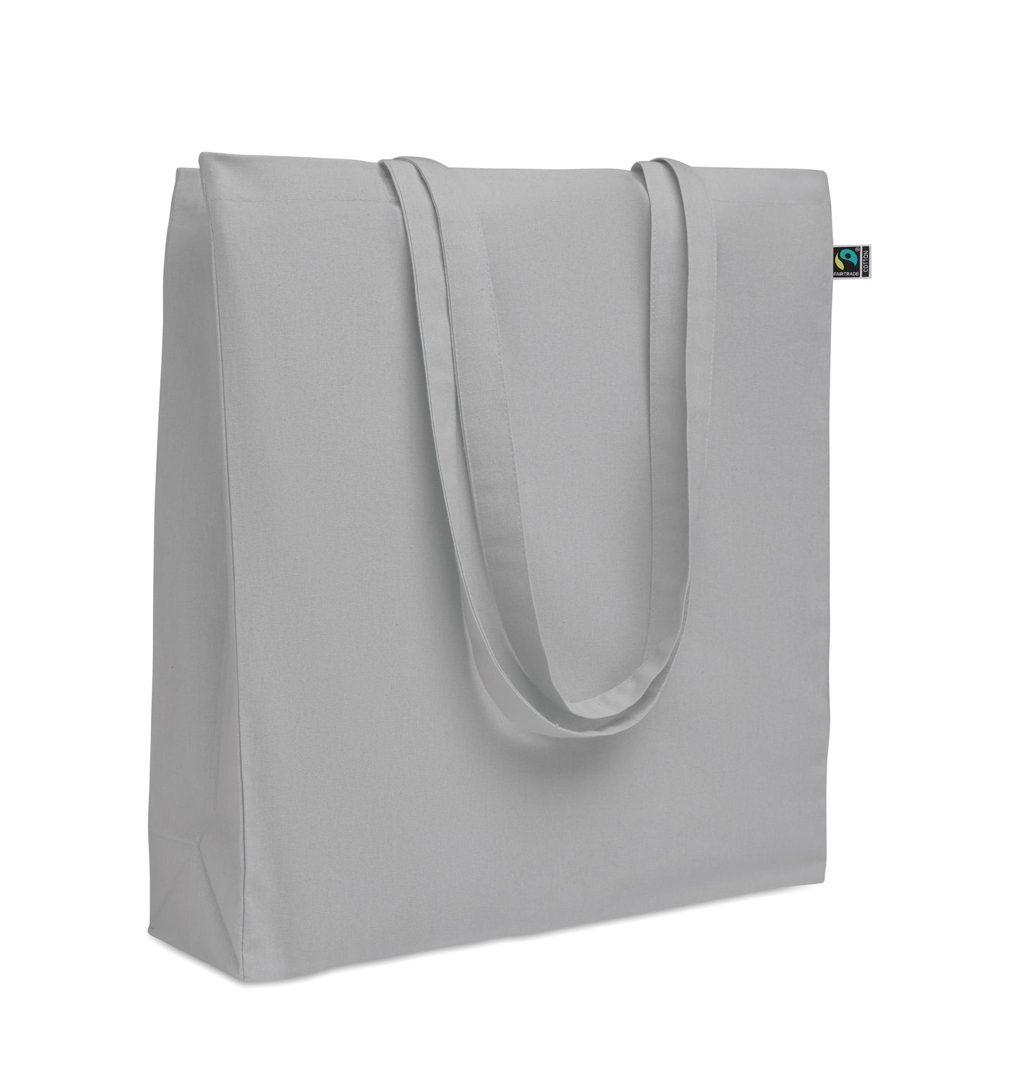 Einkaufstasche aus Fairtrade-Baumwolle mit langen Tragegriffen und Bodenfalz. 180 g/m².