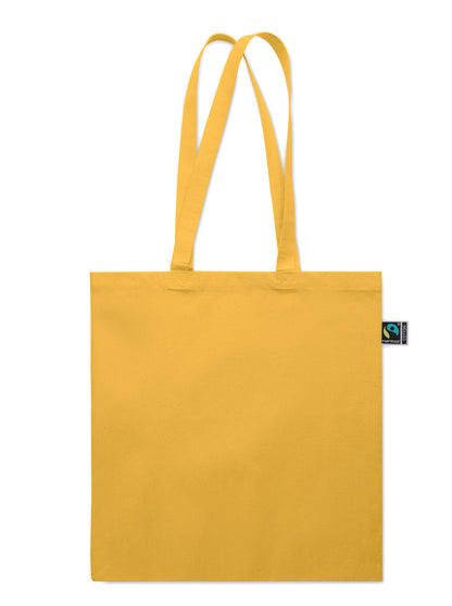 Einkaufstasche aus Fairtrade-Baumwolle mit langen Tragegriffen und Bodenfalz. 180 g/m².