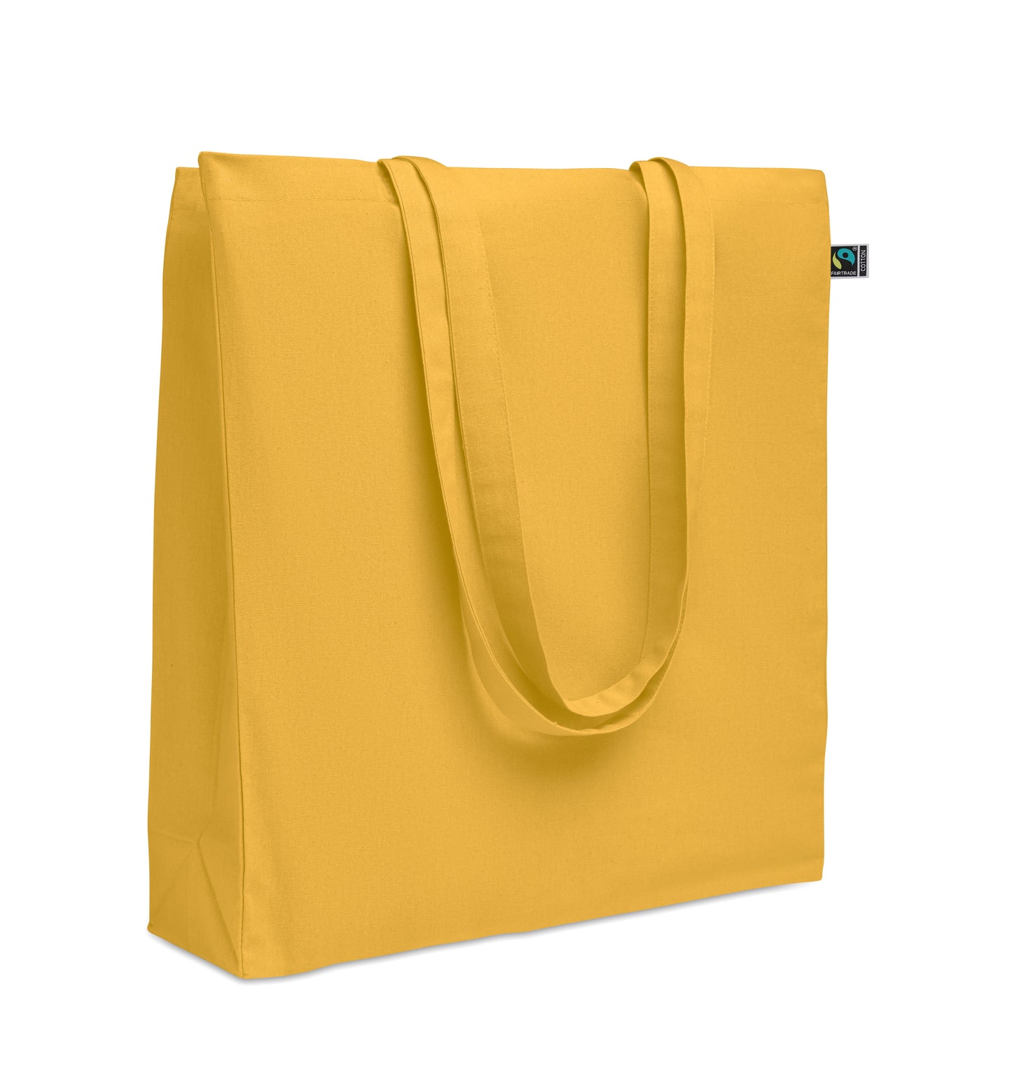 Einkaufstasche aus Fairtrade-Baumwolle mit langen Tragegriffen und Bodenfalz. 180 g/m².