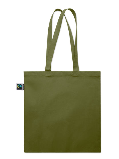 Einkaufstasche aus Fairtrade-Baumwolle mit langen Tragegriffen und Bodenfalz. 180 g/m².