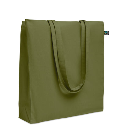 Einkaufstasche aus Fairtrade-Baumwolle mit langen Tragegriffen und Bodenfalz. 180 g/m².