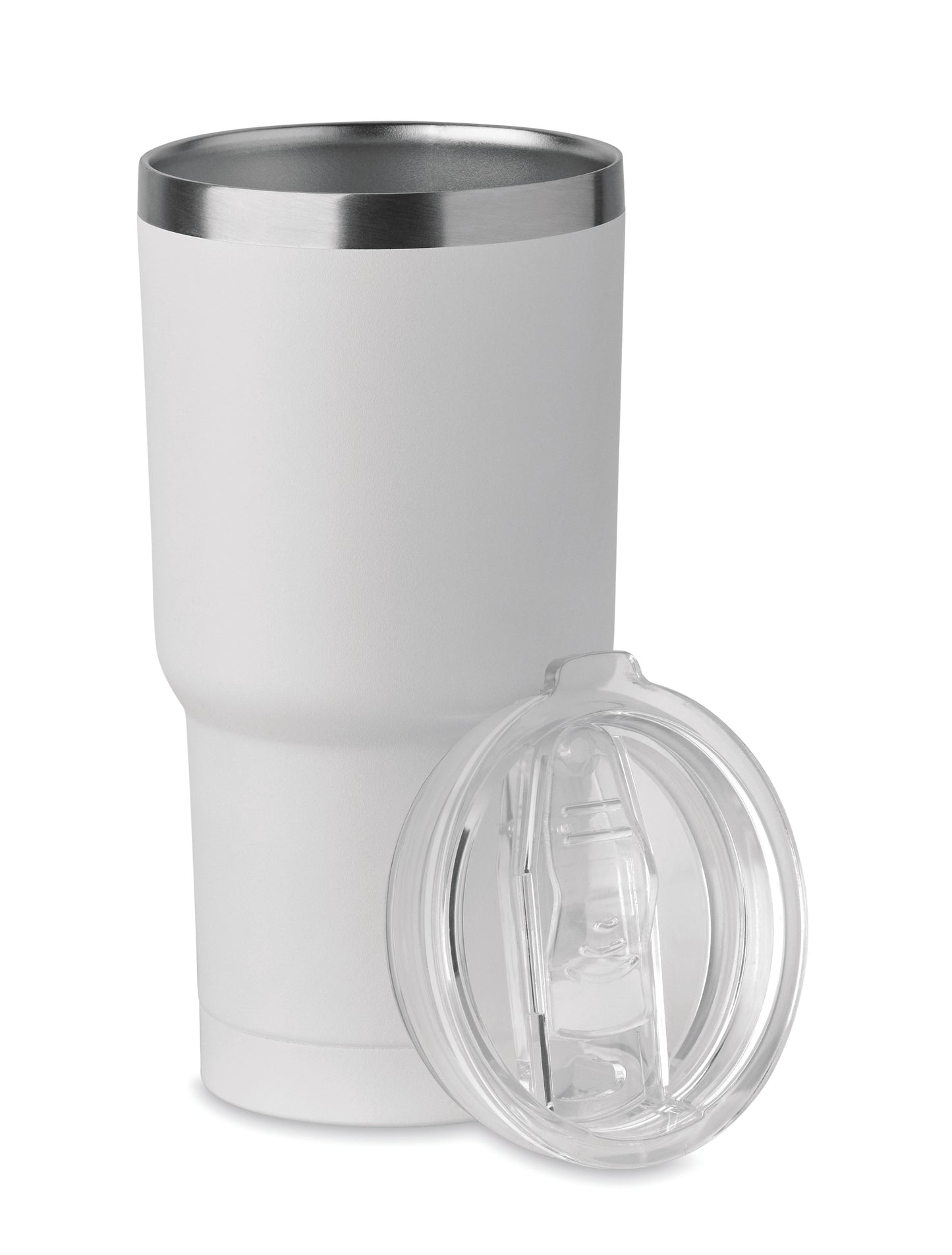 Doppelwandiger Trinkbecher aus recyceltem Edelstahl (90% recycelter Edelstahl und 10% Edelstahl). Deckel