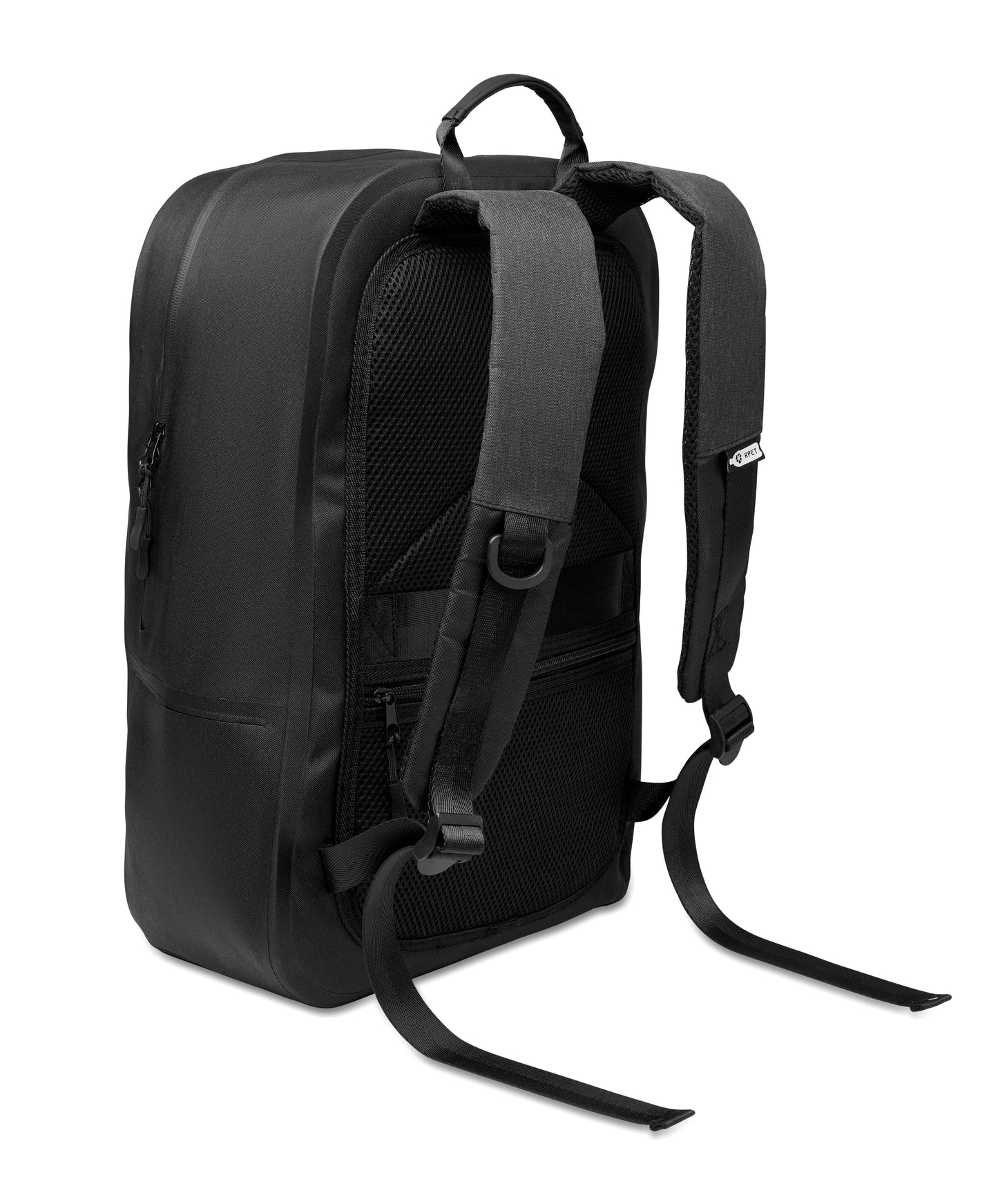 16'' Laptop-Rucksack aus 300D RPET Polyester mit 210D Polyester-Futter. Wasserabweisendes Gewebe. Versteckte