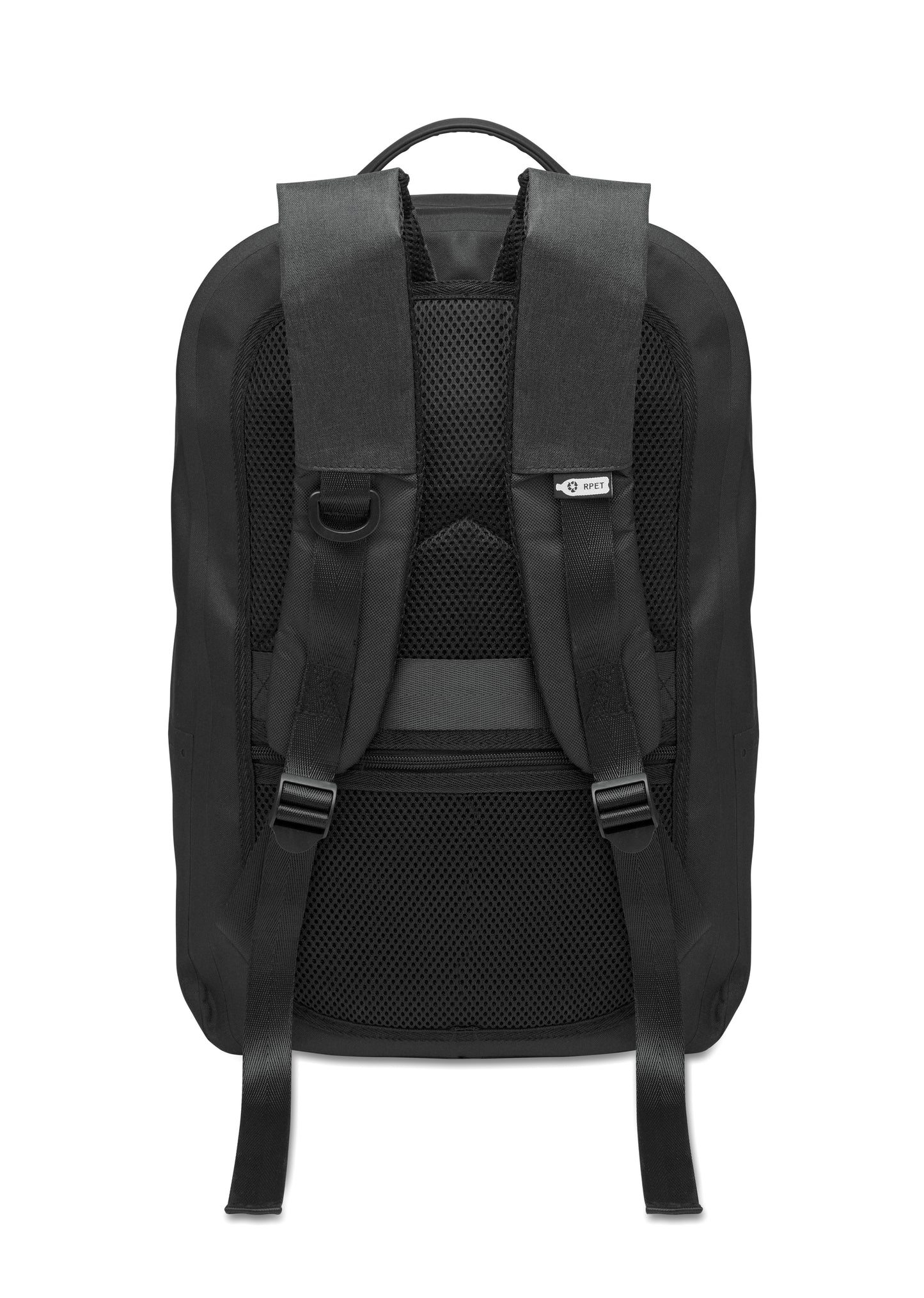 16'' Laptop-Rucksack aus 300D RPET Polyester mit 210D Polyester-Futter. Wasserabweisendes Gewebe. Versteckte