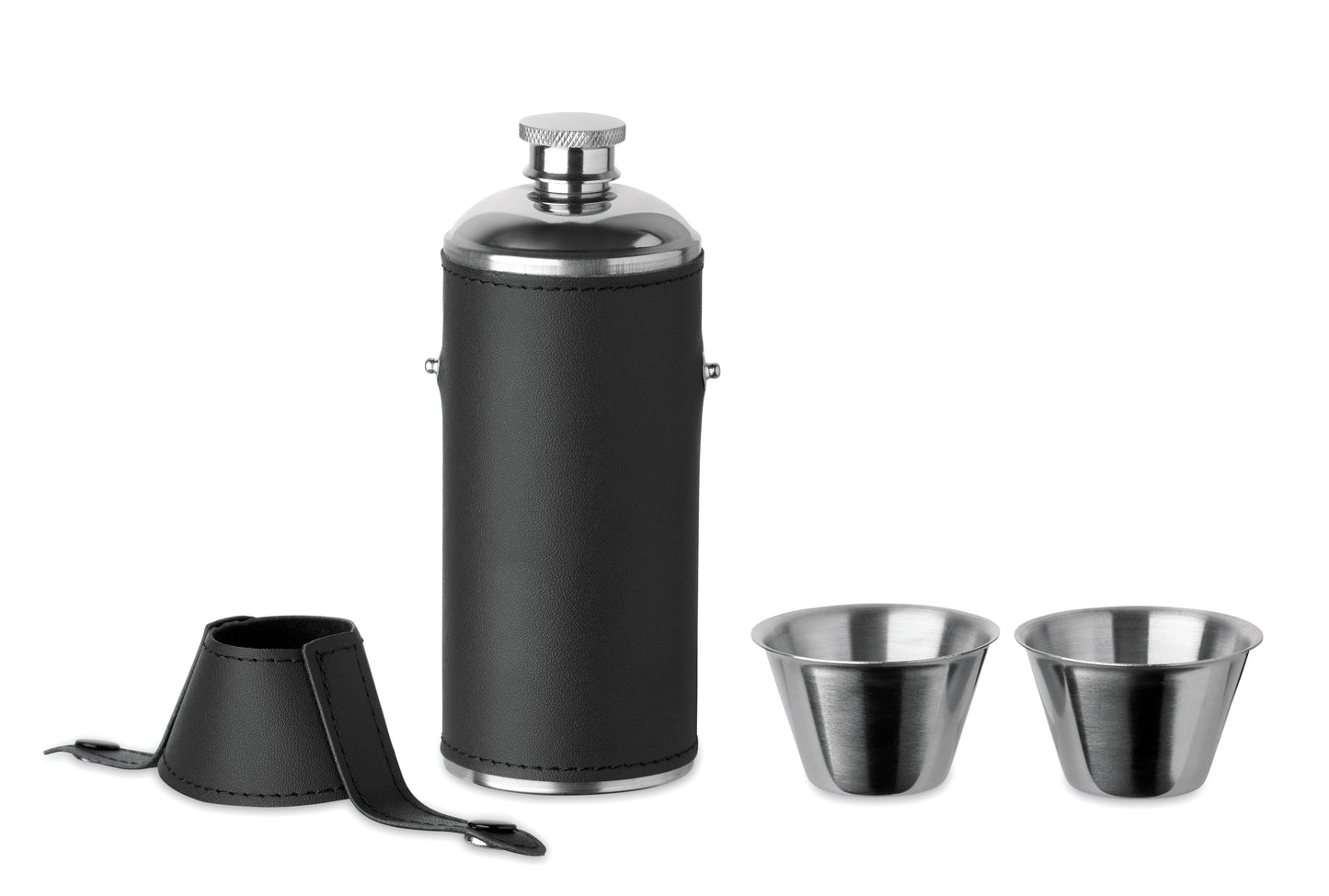Flasche aus Edelstahl mit PU-Hülle und 2 Schnapsbechern aus Edelstahl. Füllmenge: Flasche