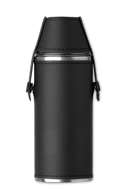 Flasche aus Edelstahl mit PU-Hülle und 2 Schnapsbechern aus Edelstahl. Füllmenge: Flasche
