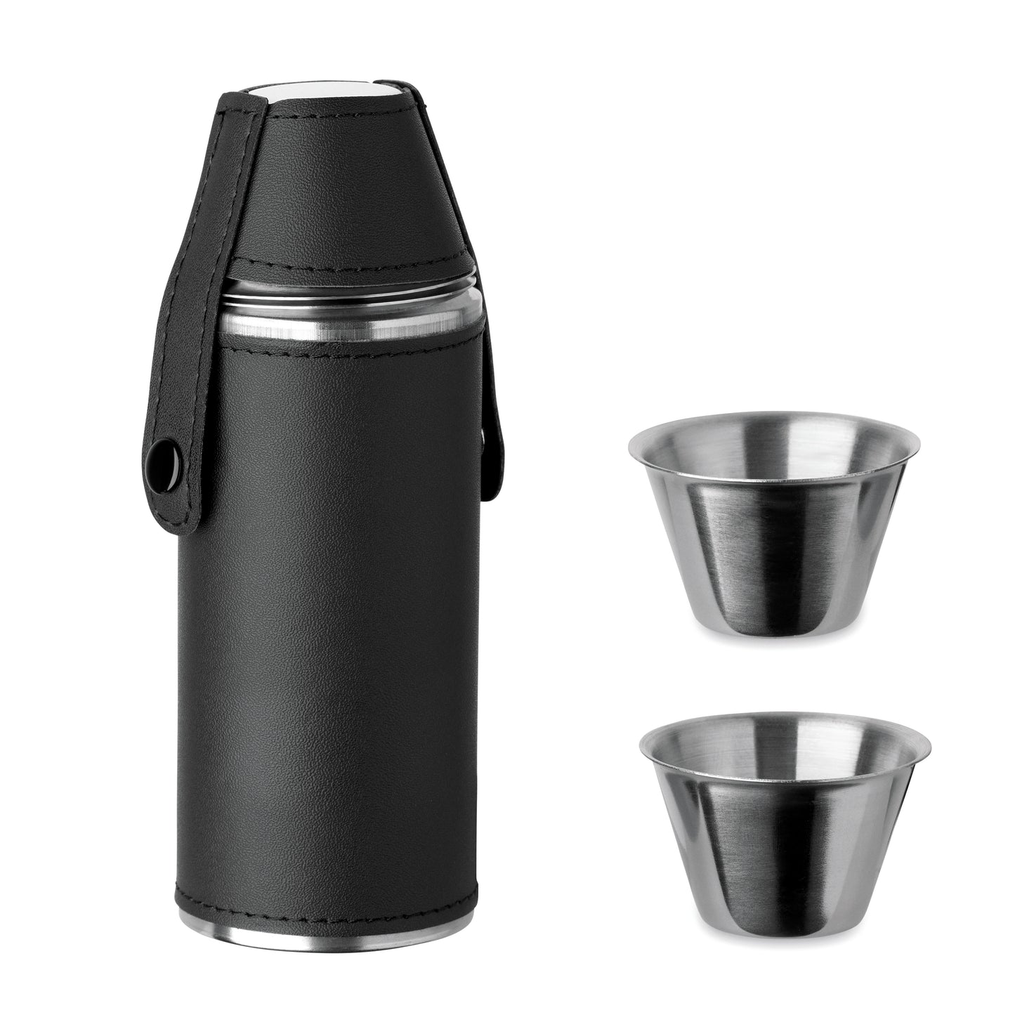 Flasche aus Edelstahl mit PU-Hülle und 2 Schnapsbechern aus Edelstahl. Füllmenge: Flasche