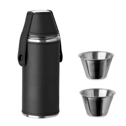 Flasche aus Edelstahl mit PU-Hülle und 2 Schnapsbechern aus Edelstahl. Füllmenge: Flasche