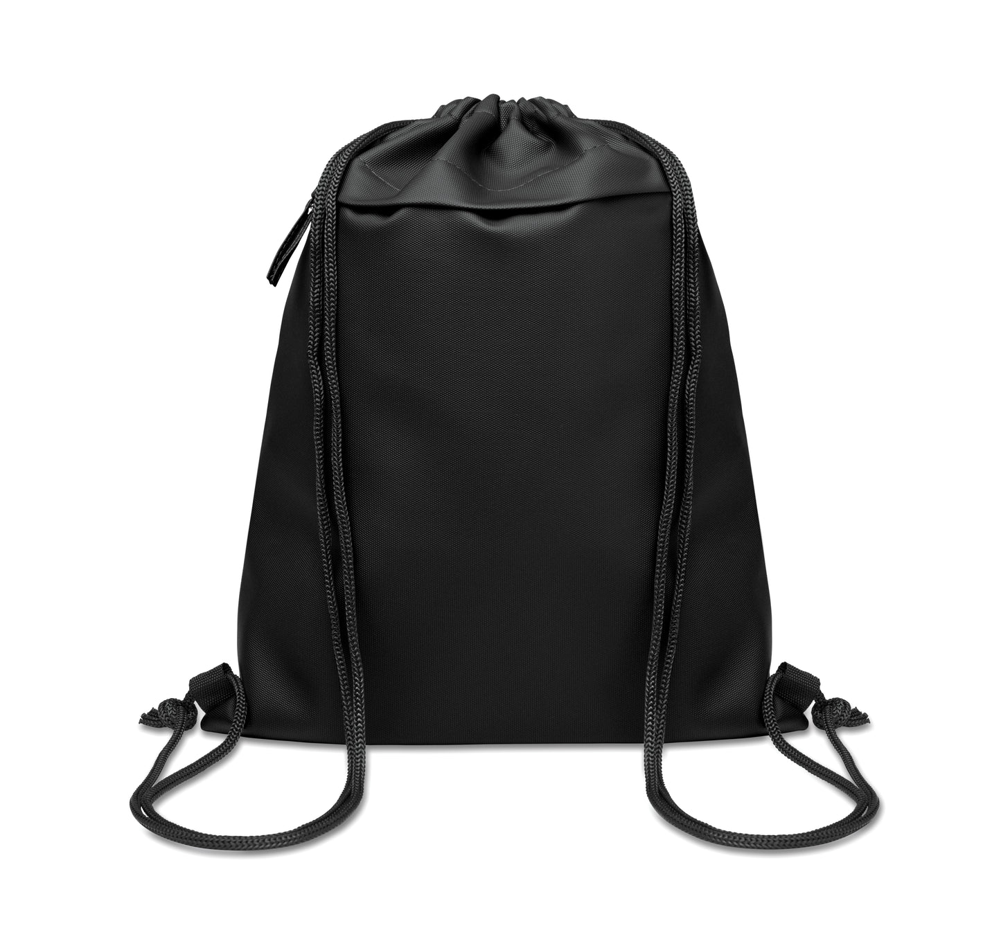 Beutel mit Kordelzug aus PU-beschichtetem 600D RPET-Polyester und 190T RPET-Polyesterfutter. Fronttasche mit