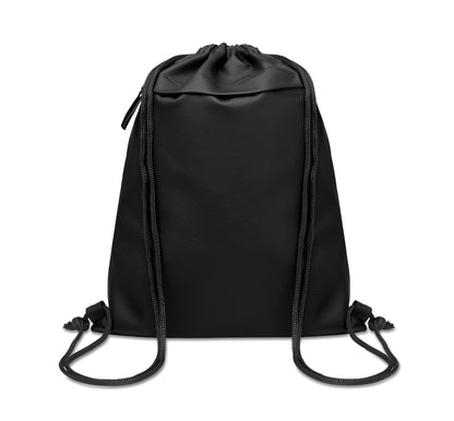 Beutel mit Kordelzug aus PU-beschichtetem 600D RPET-Polyester und 190T RPET-Polyesterfutter. Fronttasche mit