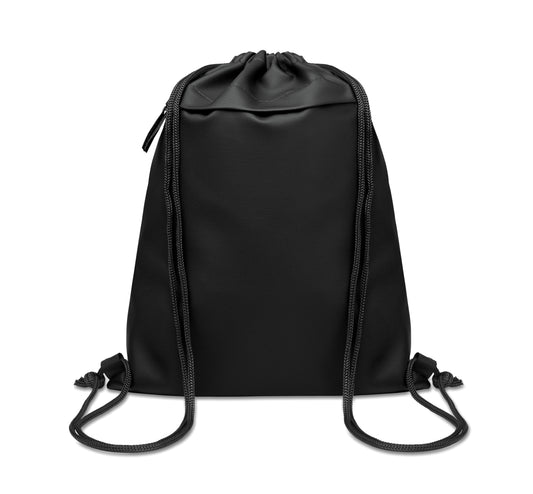 Beutel mit Kordelzug aus PU-beschichtetem 600D RPET-Polyester und 190T RPET-Polyesterfutter. Fronttasche mit