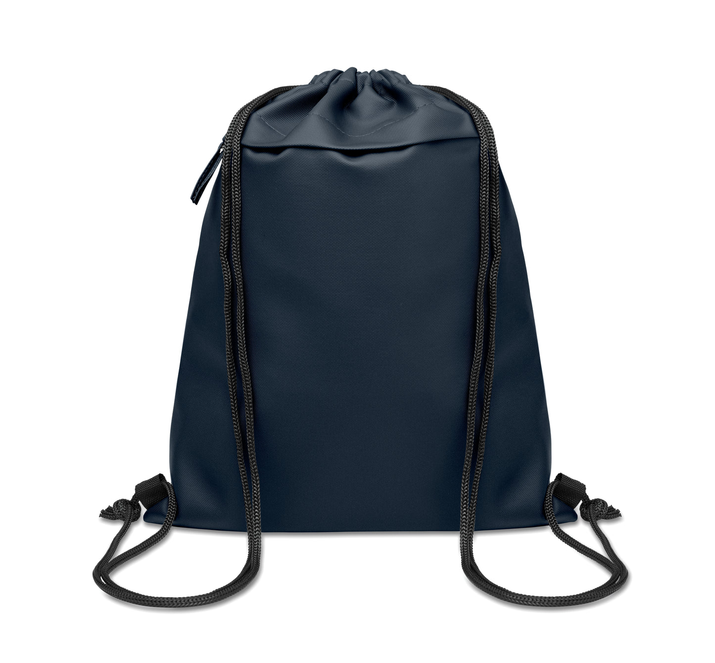Beutel mit Kordelzug aus PU-beschichtetem 600D RPET-Polyester und 190T RPET-Polyesterfutter. Fronttasche mit
