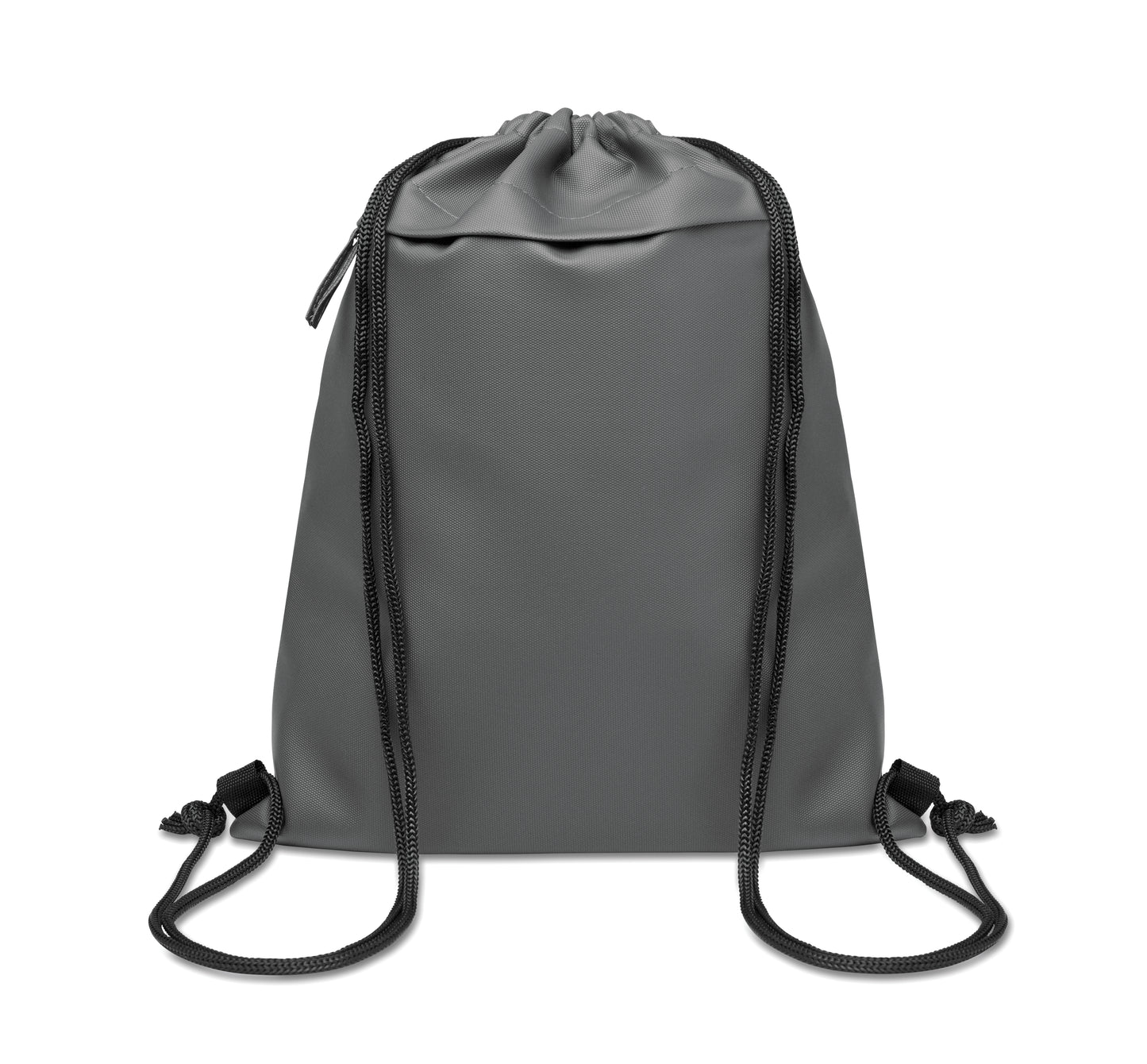 Beutel mit Kordelzug aus PU-beschichtetem 600D RPET-Polyester und 190T RPET-Polyesterfutter. Fronttasche mit