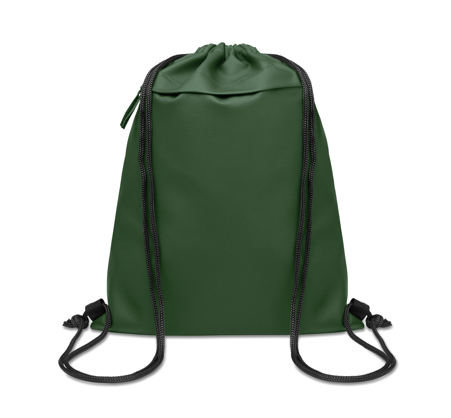 Beutel mit Kordelzug aus PU-beschichtetem 600D RPET-Polyester und 190T RPET-Polyesterfutter. Fronttasche mit