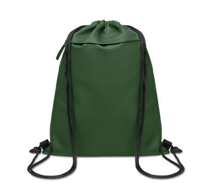 Beutel mit Kordelzug aus PU-beschichtetem 600D RPET-Polyester und 190T RPET-Polyesterfutter. Fronttasche mit
