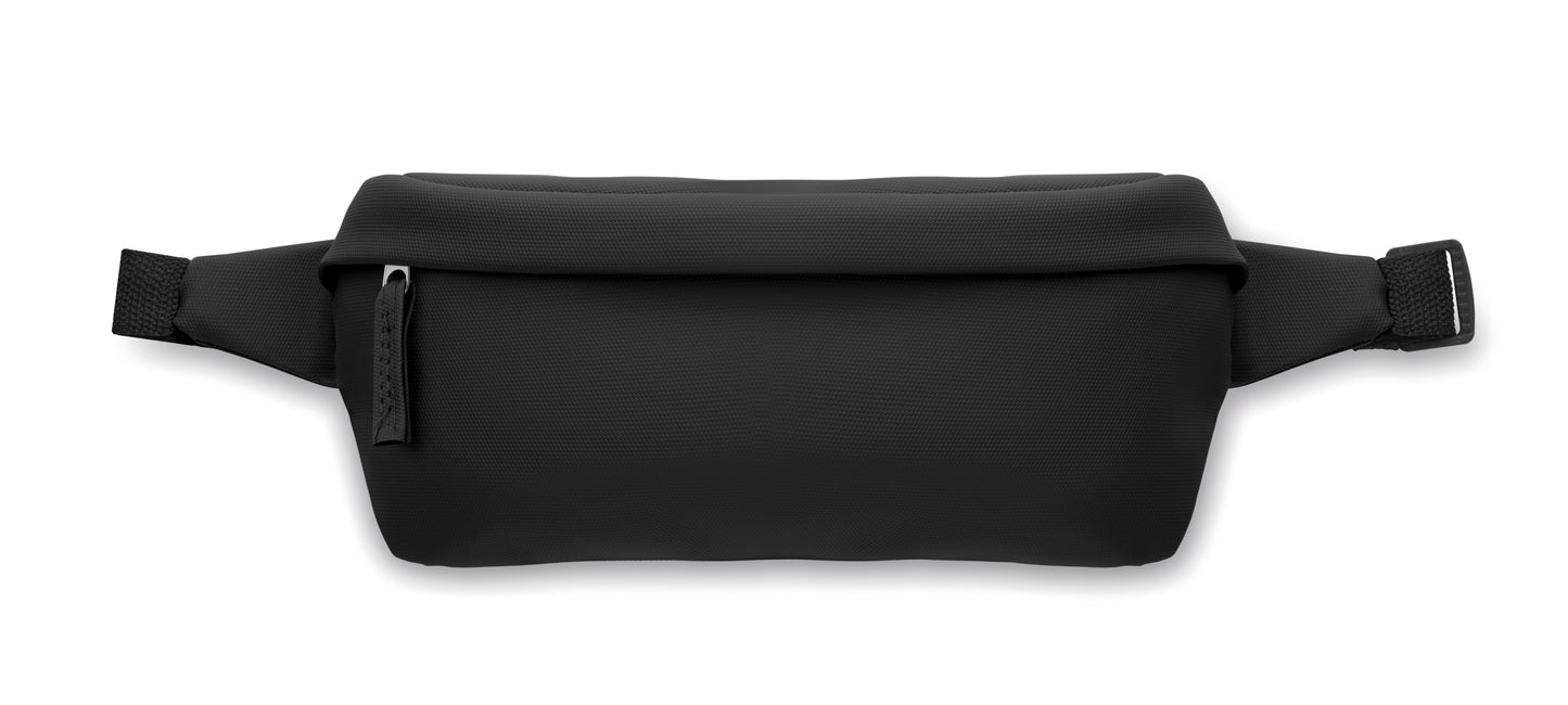 Gürteltasche aus PU-beschichtetem 600D RPET-Polyester und 210D RPET-Polyesterfutter. Fronttasche mit Reißverschluss.