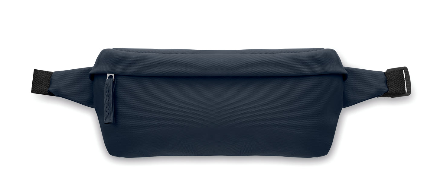 Gürteltasche aus PU-beschichtetem 600D RPET-Polyester und 210D RPET-Polyesterfutter. Fronttasche mit Reißverschluss.