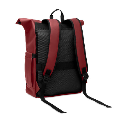 Rolltop-Rucksack aus PU-beschichtetem 600D RPET-Polyester und RPET-Polyesterfutter. 15'' Laptop-Fach. Gepolsterter Netzrücken mit